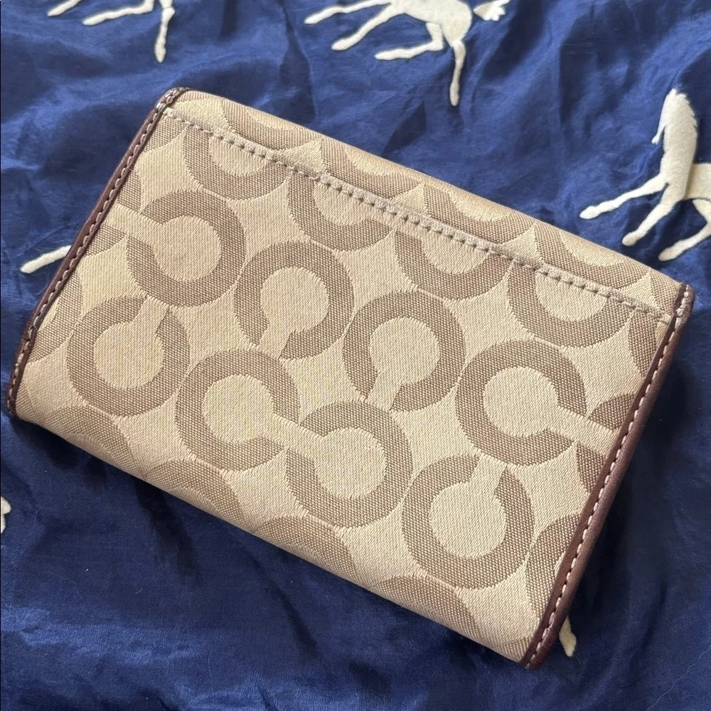 Coach Signature C Khaki Jacquard Canvas Brown Leather Trim Card Organizer Wallet